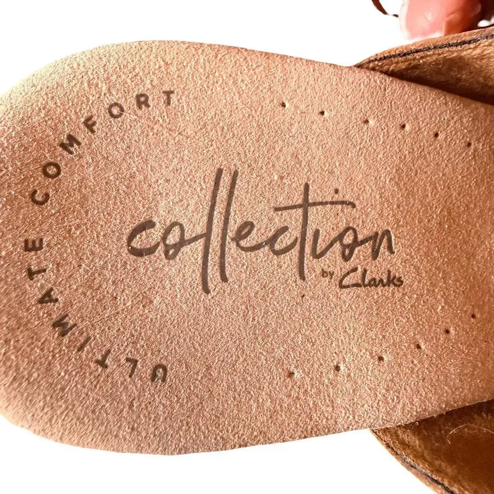 Clarks Collection Tan Leather Perforated Wedge Sandals Women's Size 7.5